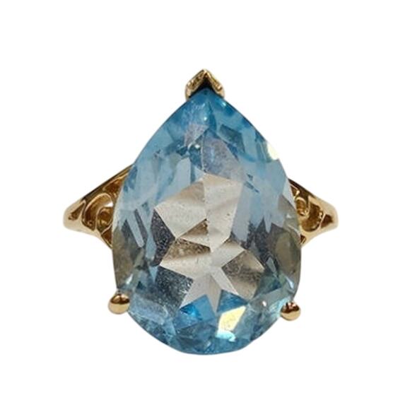💎 Vintage 10K Gold Blue Topaz Cocktail Ring - Large Pear Cut 10 Carat Size 7 - Picture 2 of 8